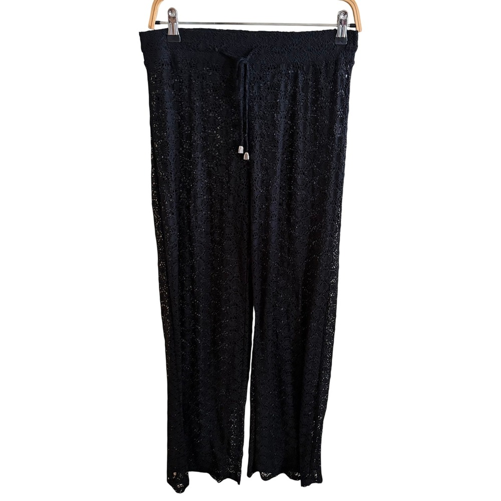 Shore Life Black Floral Lace Swim Cover-Up Pants Drawstring Medium Womens